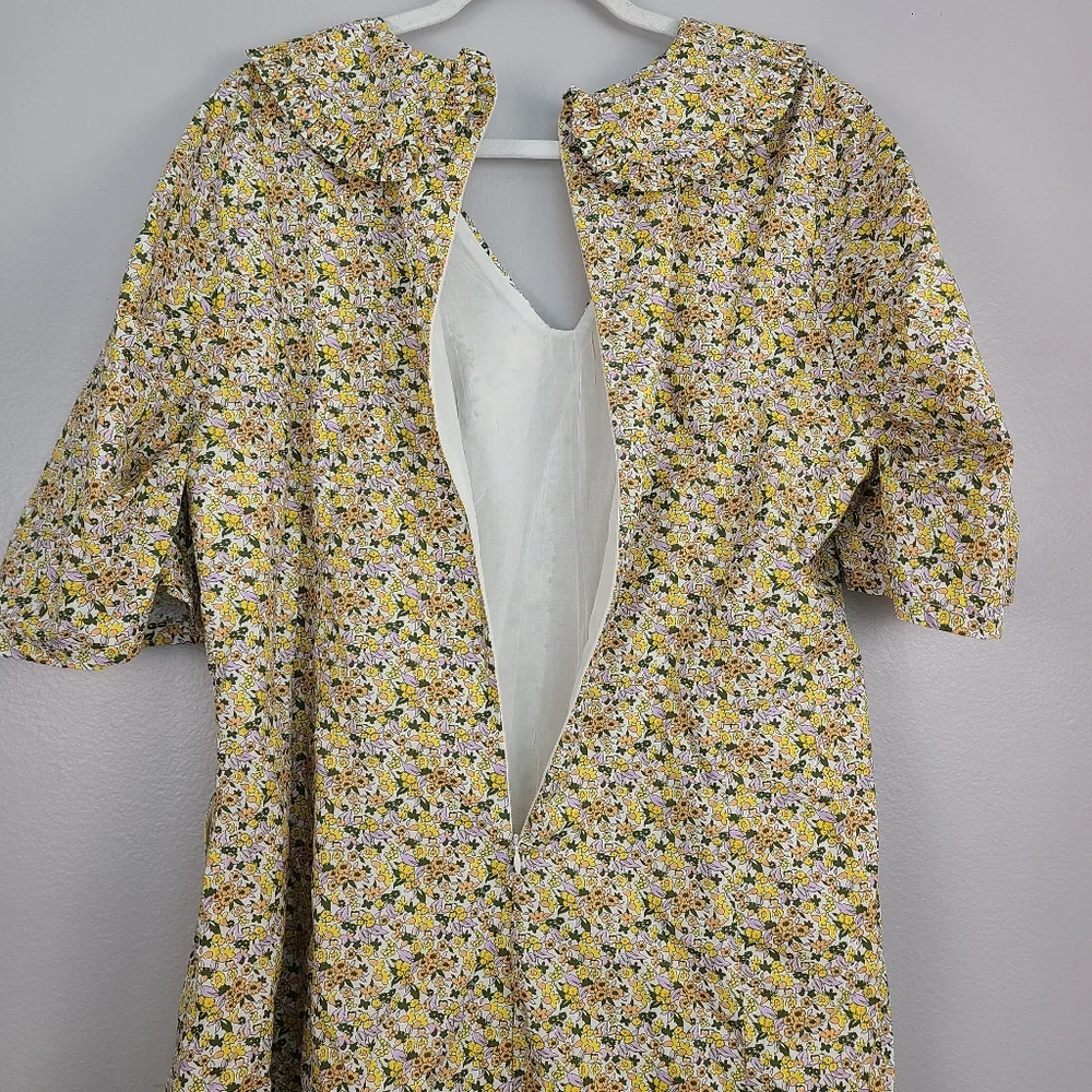 Anthropologie Yellow Lightweight Floral Cotton Collared Puff Sleeve Mini Dress - Picture 15 of 16
